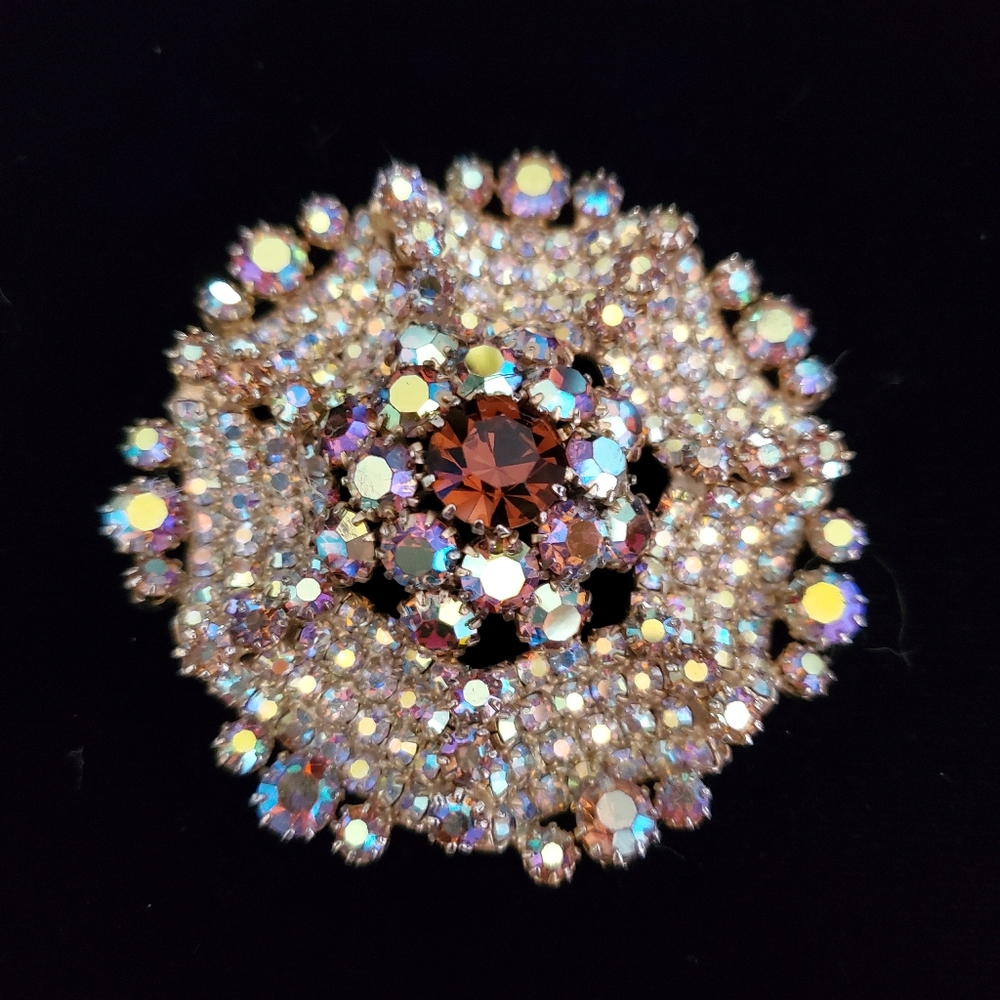 Vintage Mid-century AB Rhinestone Web Brooch Brown Blue 1950's